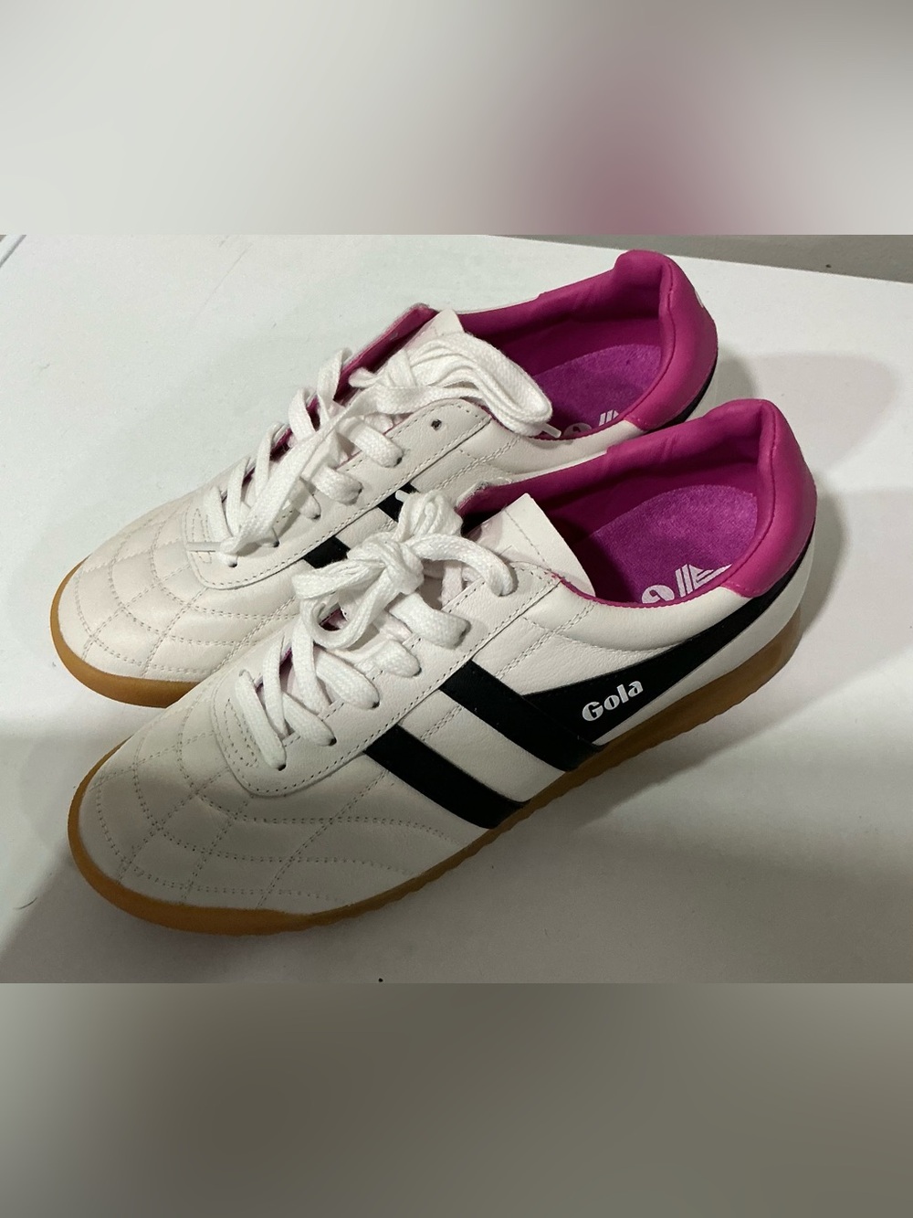 Gola White Sneakers with Black Stripes and Pink Lining